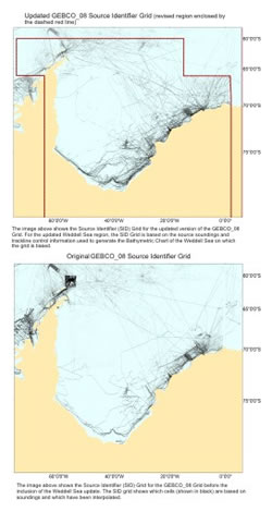 Click to view a comparison plot between the Source Idenitifer Grid for the exisiting and updated GEBCO_08 Grid for the Weddell Sea region