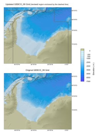 Click to view a comparison plot between the exisiting and updated GEBCO_08 Grid for the Weddell Sea region