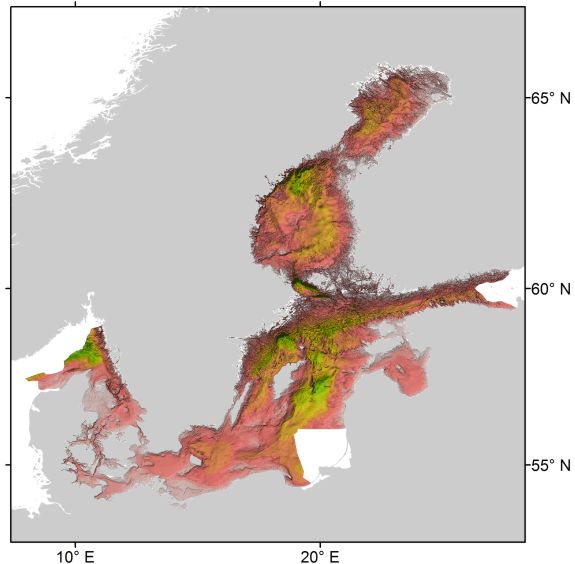 Coverage of the Baltic Sea Bathymetry Database grid included in the GEBCO_2014 Grid