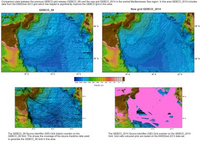 Click to view a comparison plot between the old GEBCO_08 Grid and the GEBCO_2014 Grid for the central Mediterranean Sea region