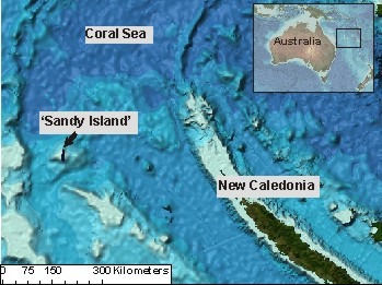 The location of Sandy Island as shown in the current version of the GEBCO_08 Grid seafloor terrain model