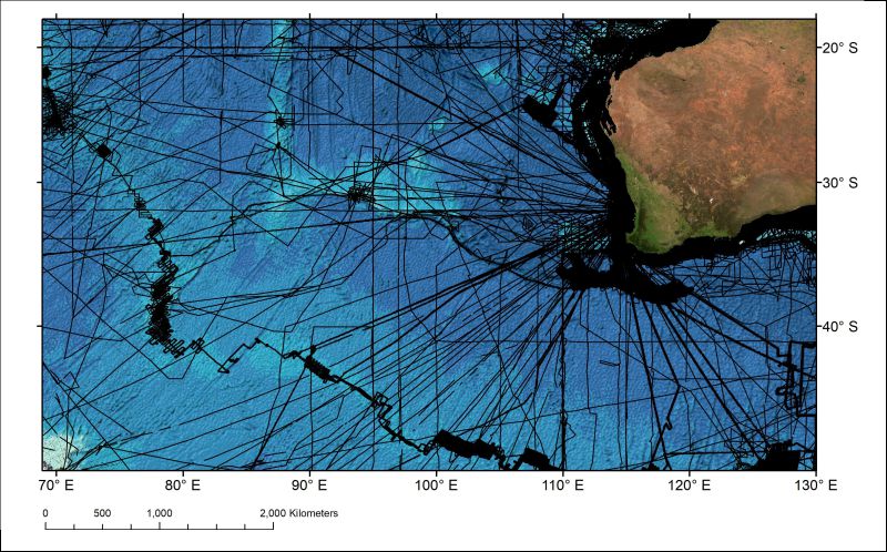 Coverage of ships tracklines along which bathymetric depth measurements have been made in the Indian Ocean area west of Australia