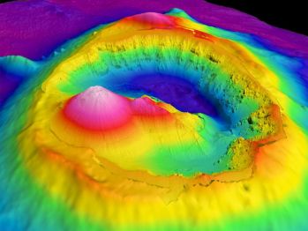 Bathymetry image of Brothers Seamount and caldera, an undersea volcano about 3 kilometers in diameter off the coast of New Zealand. Woods Hole Oceanographic Institution's autonomous underwater vehicle ABE acquired high-resolution (2-meter) bathymetry data inside the caldera. Surface ships mapped the lower-resolution (25- to 30-meter) bathymetry data on the surrounding volcano flanks. This feature was formally named using tools provided by the General Bathymetric Chart of the Oceans (GEBCO).  Credit: S.G. Merle (GNS Science/WHOI/NOAA/PMEL/OSU)