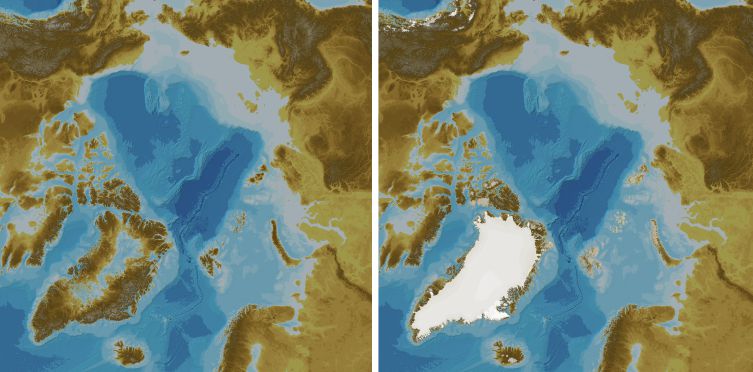 Bathymetry for part of the Arctic Ocean area. The left-hand image shows the area without the Greenland Ice Sheet and the right-hand image, with the Greenland Ice Sheet and other ice-covered areas.