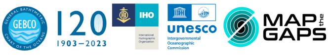 logos for GEBCO, IHO, IOC and Map the Gaps