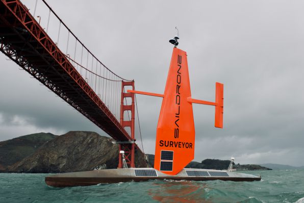 Saildrone Surveyor sails under the Golden Gate Bridge during sea trials in the San Francisco Bay. Photo: Saildrone