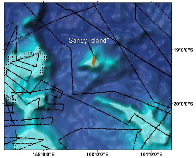 'Sandy Island' as shown in the GEBCO_08 Grid. The black lines show the ship-tracks along which bathymetry data, used in the generation of the GEBCO_08 Grid, were collected in this area.