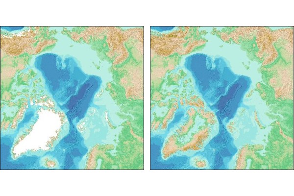 Shaded relief imagery for the Arctic Ocean area, based on the IBCAO V5; with (left) and without (right) ice surface elevation information for the Greenland Ice Sheet