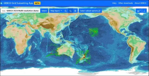 Preview image of the Multi-Resolution download app, displaying gridded bathymetry