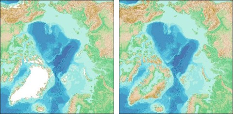 Shaded relief imagery for the Arctic Ocean area, based on the IBCAO V5; with (left) and without (right) ice surface elevation information for the Greenland Ice Sheet