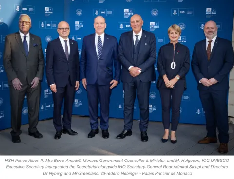 HSH Prince Albert II, Mrs Berro-Amadeï, Monaco Government Counsellor & Minister, and M. Helgesen, IOC UNESCO Executive Secretary inaugurated the Secretariat alongside IHO Secretary-General Rear Admiral Sinapi and Directors Dr Nyberg and Mr Greenland. ©Frédéric Nebinger - Palais Princier de Monaco