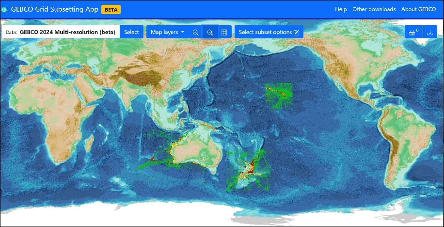 Preview image of the Multi-Resolution download app, displaying gridded bathymetry