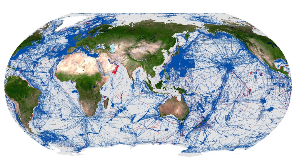 GEBCO_2026 grid - Robinson World Projection - displaying land surface and mapped regions in blue, with red highlight indicating new data added to the GEBCO grid in the GEBCO_2026 release.